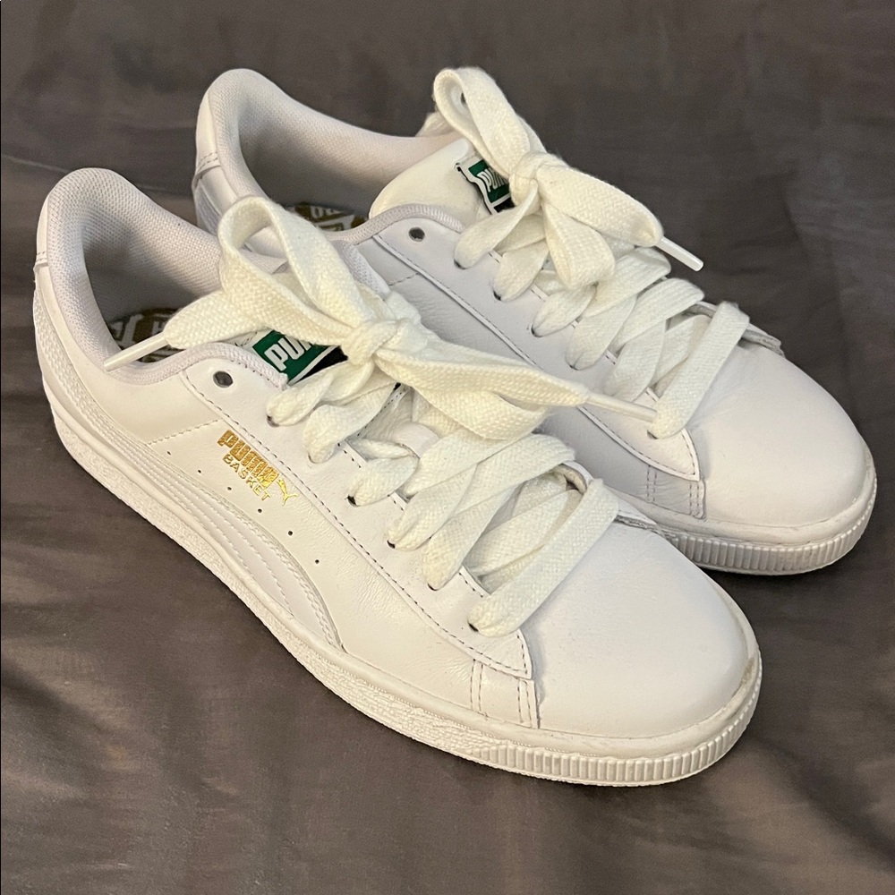 Puma Basket Classic White Sneakers with Gold Logo